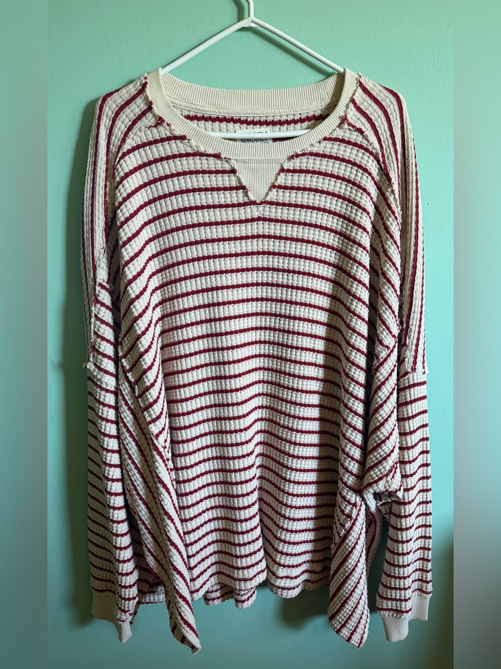 American Eagle Outfitters Cream and Red Striped Waffle Crew Sweater